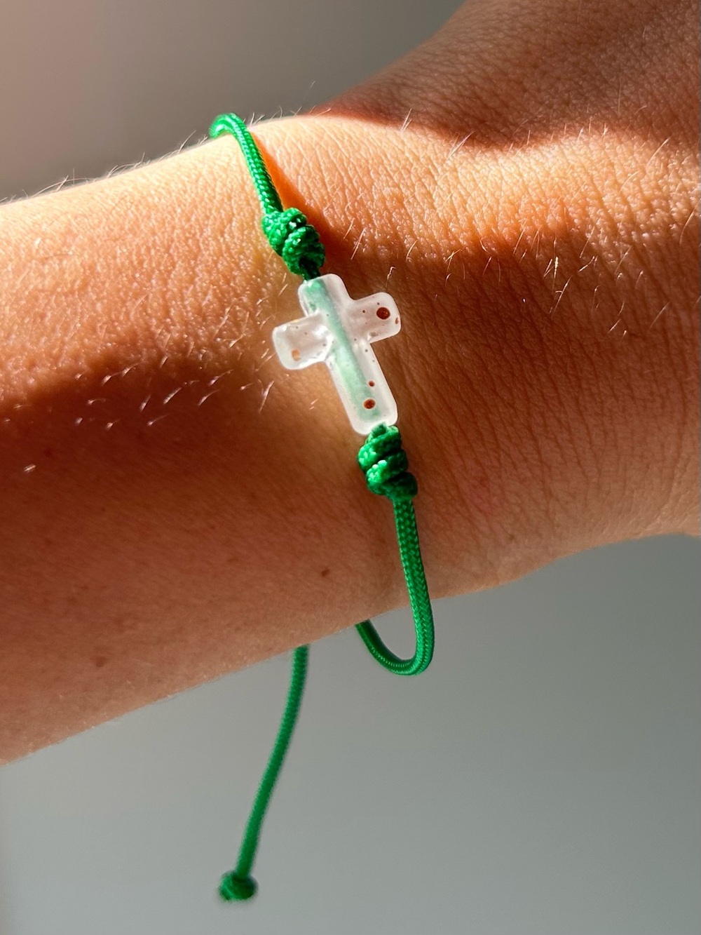 Handmade Green Cord Bracelet with White Cross Accent